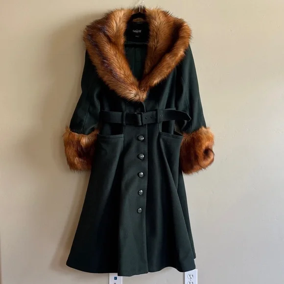 Collectif Jackie Coat with Brown Faux Fur - Green - Picture 4 of 9